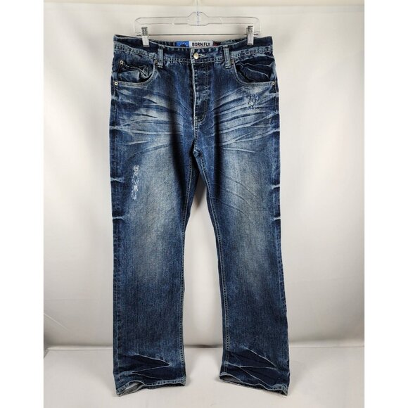 Born Fly Jeans Mens 36x34 Blue Anytown USA Button Fly Distressed Denim - Picture 1 of 11